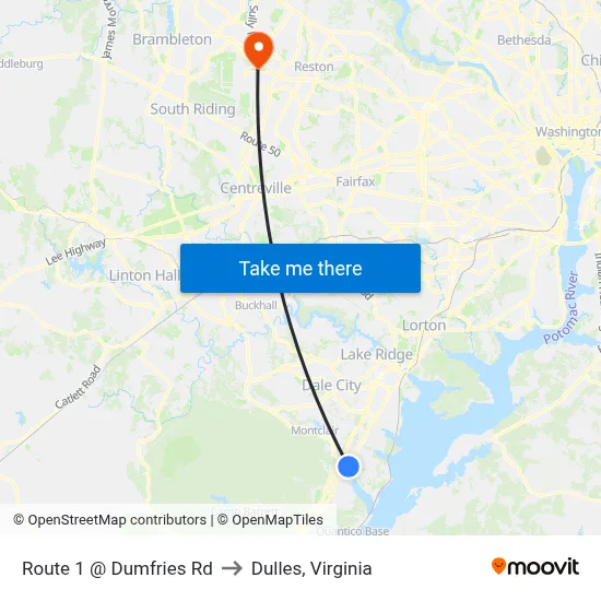 Route 1 @ Dumfries Rd to Dulles, Virginia map