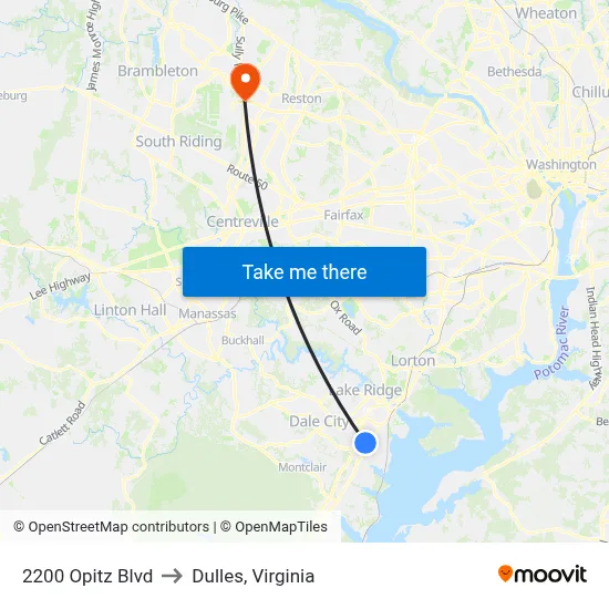 2200 Opitz Blvd to Dulles, Virginia map