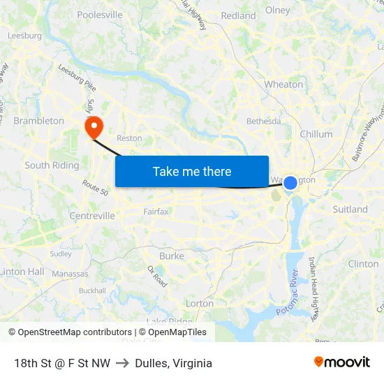 18th St @ F St NW to Dulles, Virginia map