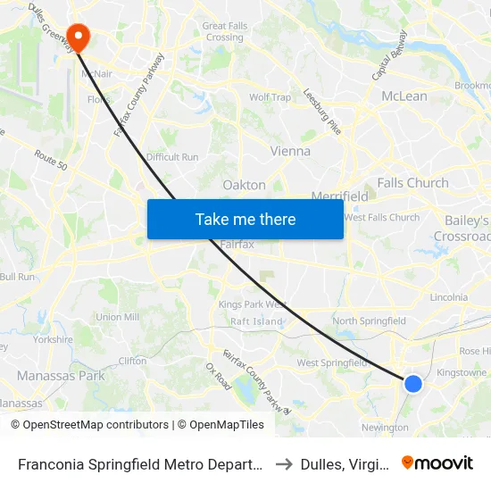 Franconia Springfield Metro Departures to Dulles, Virginia map