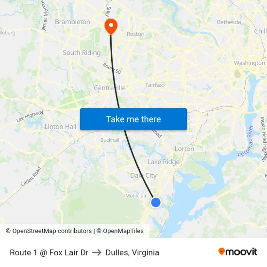 Route 1 @ Fox Lair Dr to Dulles, Virginia map
