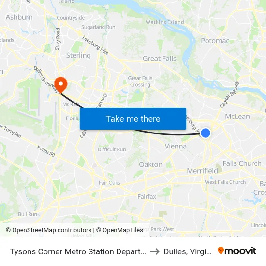 Tysons Corner Metro Station Departures to Dulles, Virginia map
