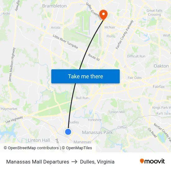 Manassas Mall Departures to Dulles, Virginia map