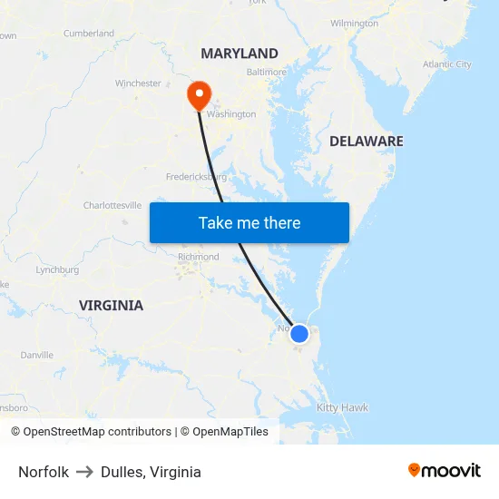 Norfolk to Dulles, Virginia map