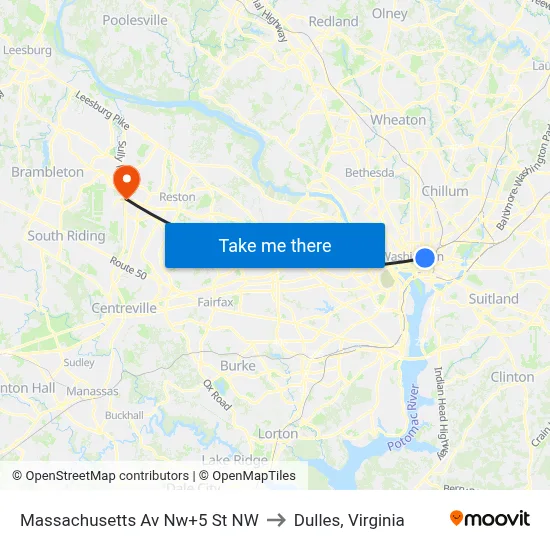 Massachusetts Av Nw+5 St NW to Dulles, Virginia map