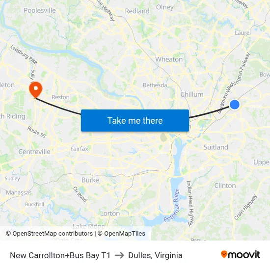 New Carrollton+Bus Bay T1 to Dulles, Virginia map