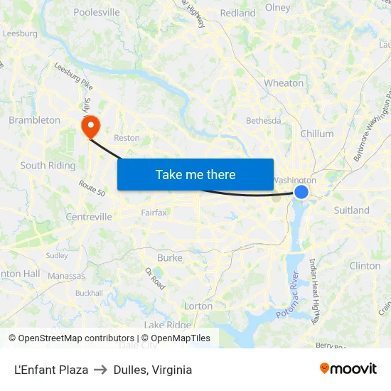 L'Enfant Plaza to Dulles, Virginia map