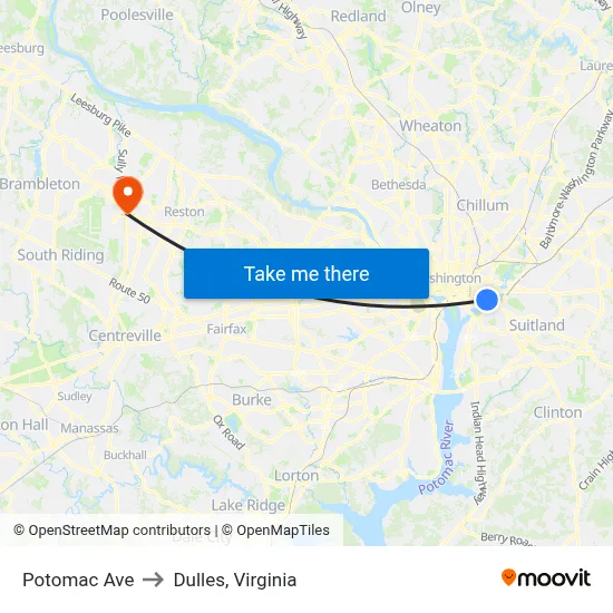 Potomac Ave to Dulles, Virginia map