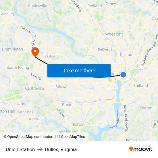 Union Station to Dulles, Virginia map