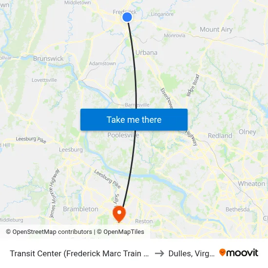 Transit Center (Frederick Marc Train Station) to Dulles, Virginia map