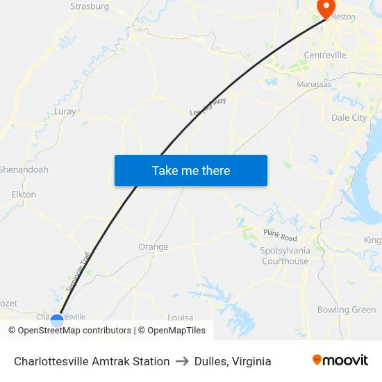 Charlottesville Amtrak Station to Dulles, Virginia map