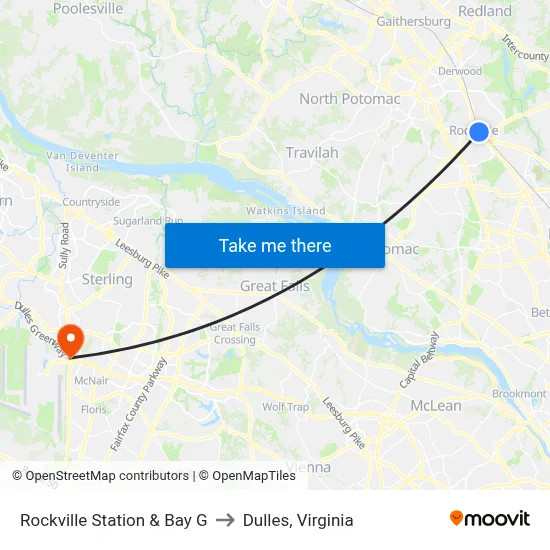 Rockville Station & Bay G to Dulles, Virginia map