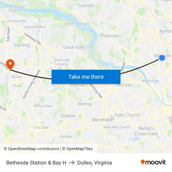 Bethesda Station & Bay H to Dulles, Virginia map