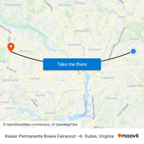 Kaiser Permanente Bowie Fairwood to Dulles, Virginia map