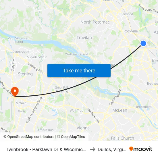 Twinbrook - Parklawn Dr & Wicomico Ave to Dulles, Virginia map