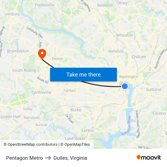 Pentagon Metro to Dulles, Virginia map