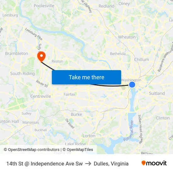 14th St @ Independence Ave Sw to Dulles, Virginia map