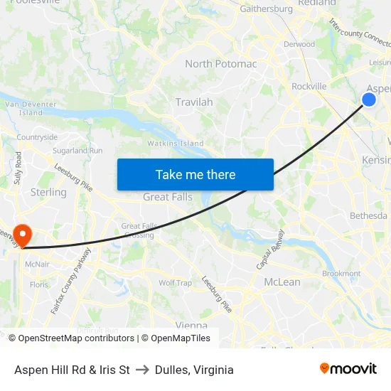 Aspen Hill Rd & Iris St to Dulles, Virginia map