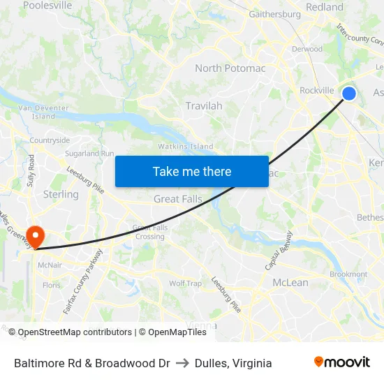 Baltimore Rd & Broadwood Dr to Dulles, Virginia map