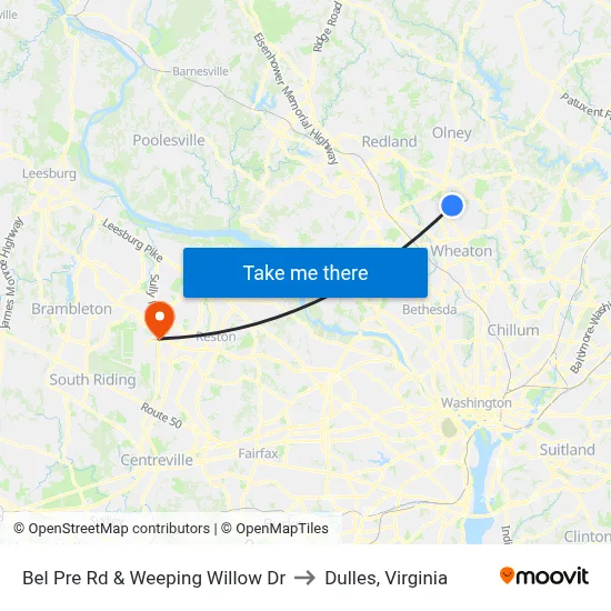 Bel Pre Rd & Weeping Willow Dr to Dulles, Virginia map