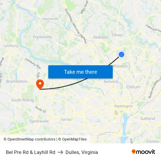 Bel Pre Rd & Layhill Rd to Dulles, Virginia map