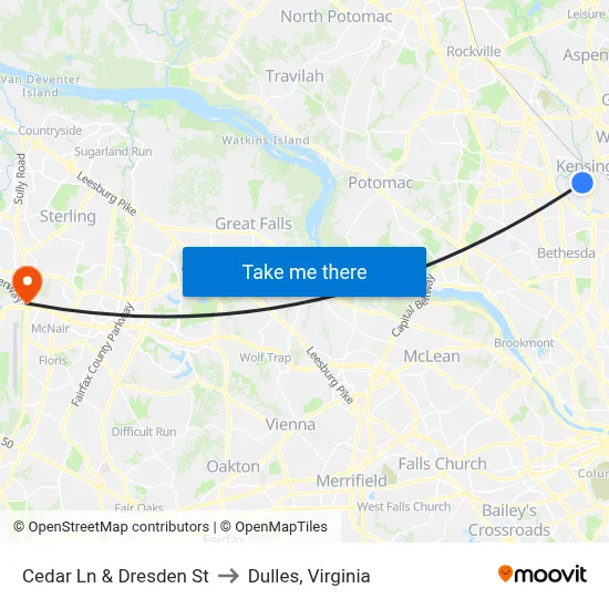 Cedar Ln & Dresden St to Dulles, Virginia map