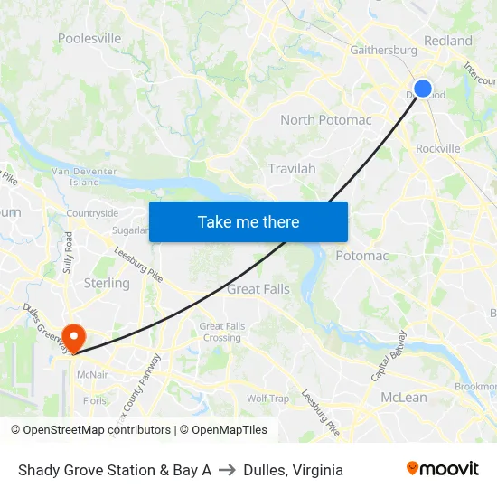 Shady Grove Station & Bay A to Dulles, Virginia map