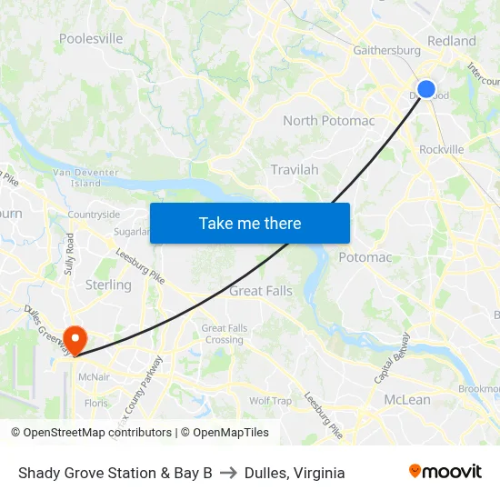 Shady Grove Station & Bay B to Dulles, Virginia map