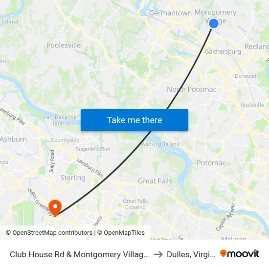 Club House Rd & Montgomery Village Ave to Dulles, Virginia map