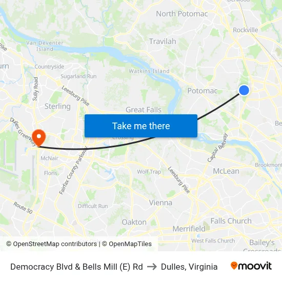 Democracy Blvd & Bells Mill (E) Rd to Dulles, Virginia map