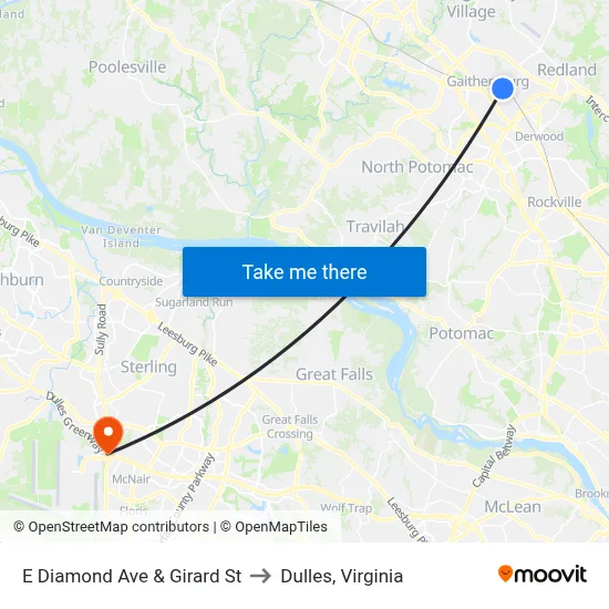 E Diamond Ave & Girard St to Dulles, Virginia map
