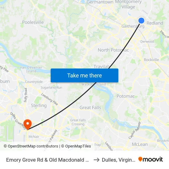 Emory Grove Rd & Old Macdonald Rd to Dulles, Virginia map