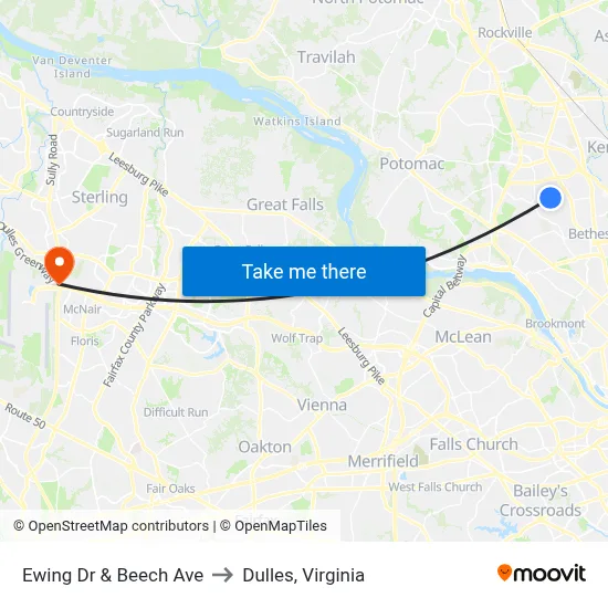 Ewing Dr & Beech Ave to Dulles, Virginia map