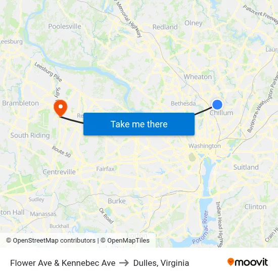 Flower Ave & Kennebec Ave to Dulles, Virginia map
