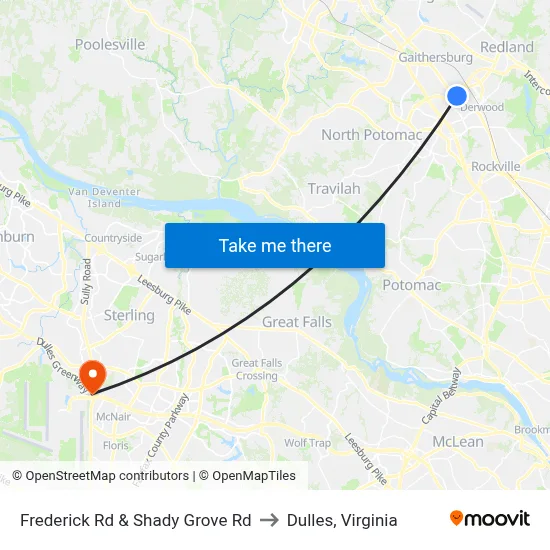 Frederick Rd & Shady Grove Rd to Dulles, Virginia map