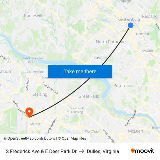 S Frederick Ave & E Deer Park Dr to Dulles, Virginia map
