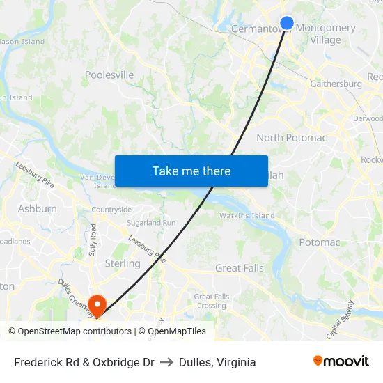Frederick Rd & Oxbridge Dr to Dulles, Virginia map