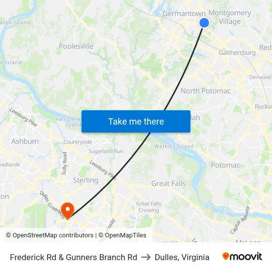 Frederick Rd & Gunners Branch Rd to Dulles, Virginia map