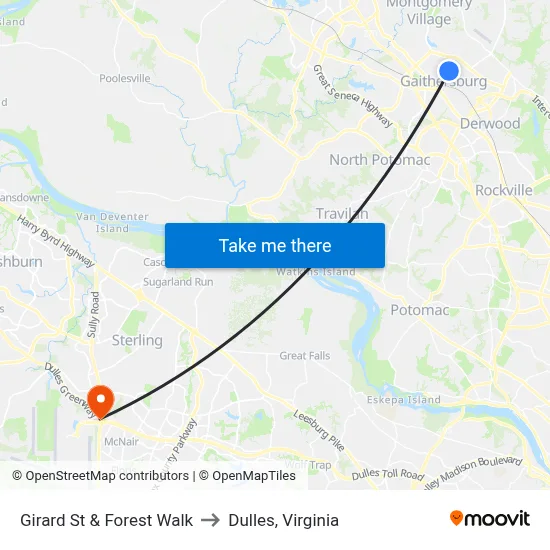 Girard St & Forest Walk to Dulles, Virginia map