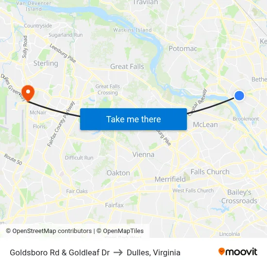 Goldsboro Rd & Goldleaf Dr to Dulles, Virginia map