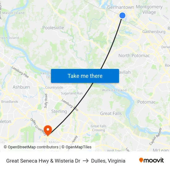 Great Seneca Hwy & Wisteria Dr to Dulles, Virginia map