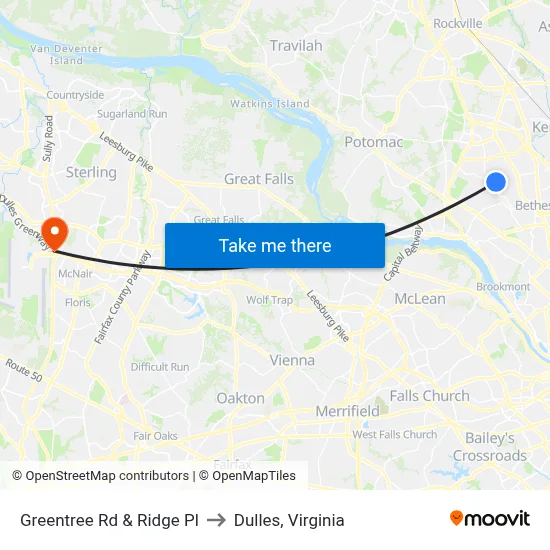 Greentree Rd & Ridge Pl to Dulles, Virginia map