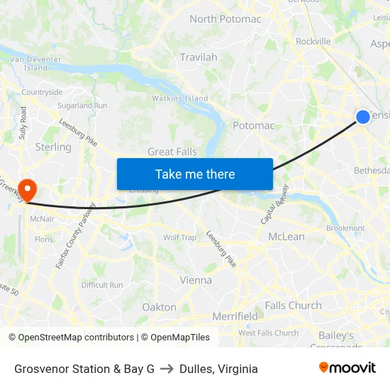 Grosvenor Station & Bay G to Dulles, Virginia map