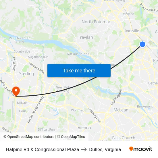 Halpine Rd & Congressional Plaza to Dulles, Virginia map