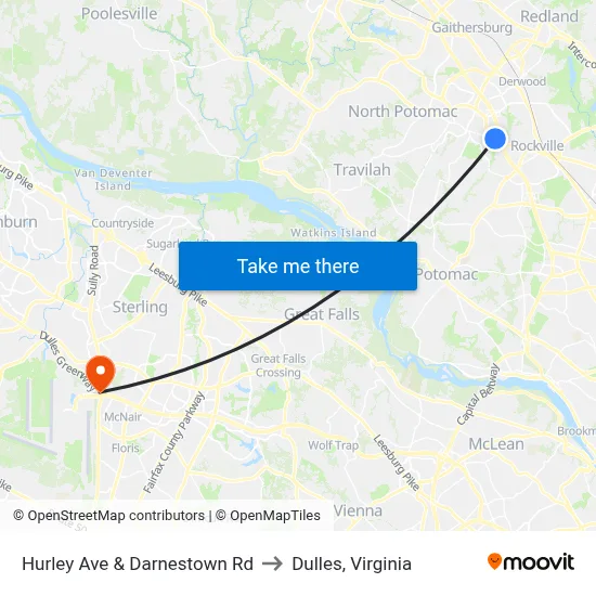 Hurley Ave & Darnestown Rd to Dulles, Virginia map