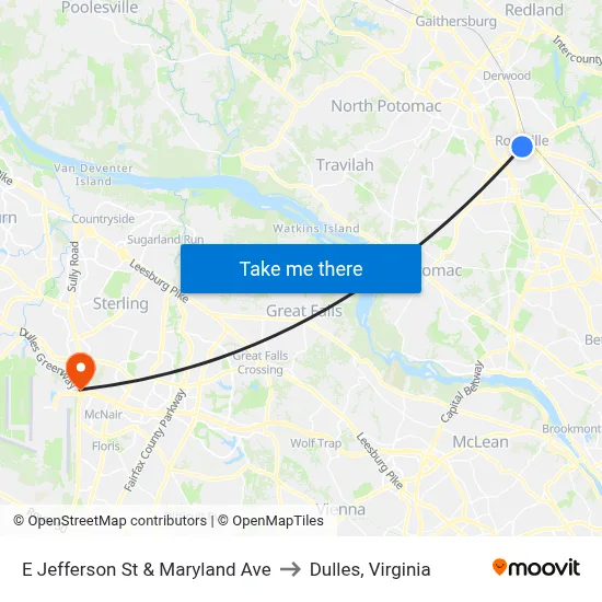 E Jefferson St & Maryland Ave to Dulles, Virginia map