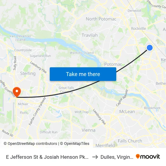 E Jefferson St & Josiah Henson Pkwy to Dulles, Virginia map
