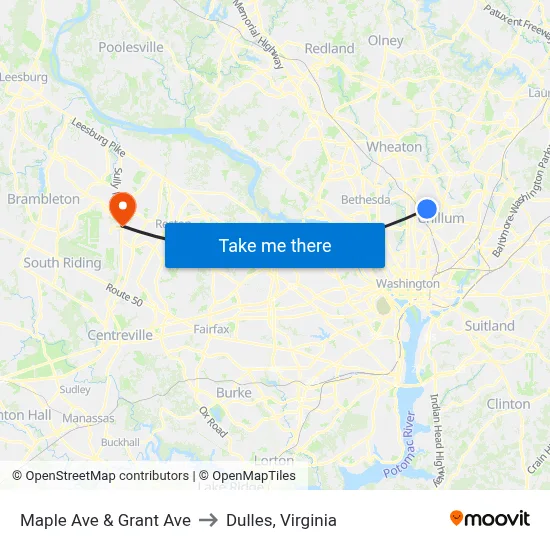 Maple Ave & Grant Ave to Dulles, Virginia map