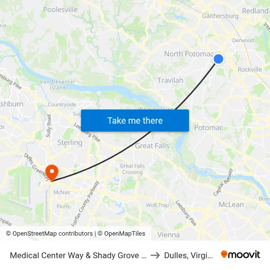 Medical Center Way & Shady Grove Rd to Dulles, Virginia map