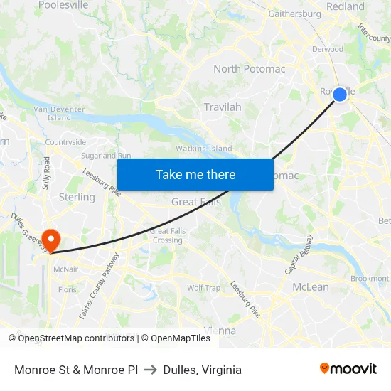 Monroe St & Monroe Pl to Dulles, Virginia map